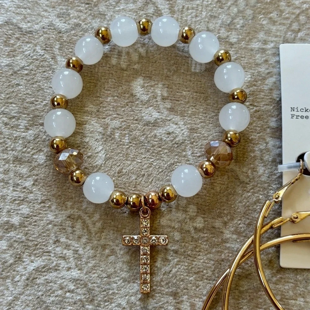 A New Day 3-Pack Gold Tone Hoop Earrings White Beaded Stretch Bracelet w/ Cross - Picture 3 of 11